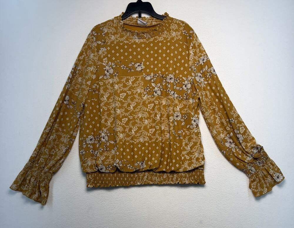 Luna Mustard Yellow Floral Women's Boho Peasant Blouse Top Size XL Strechy Waist